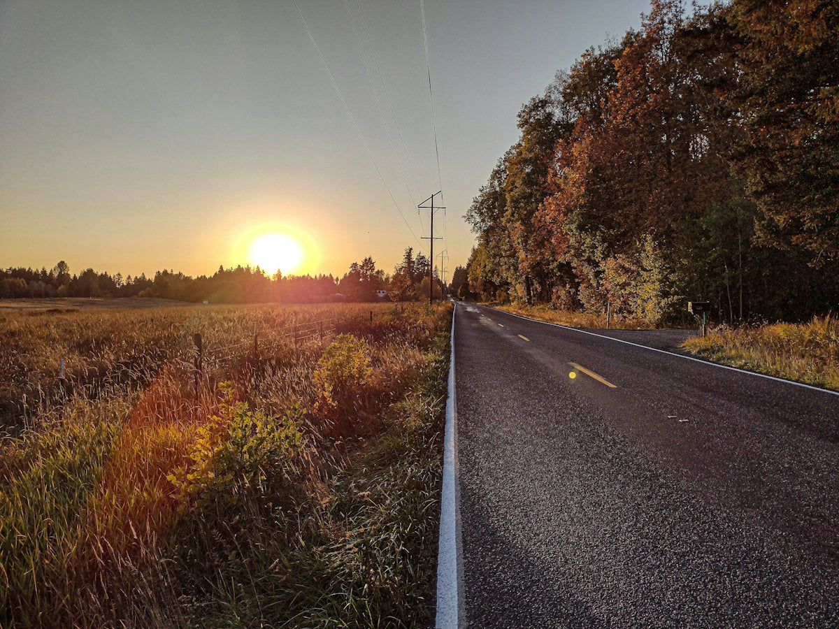The sun is setting over a rural road