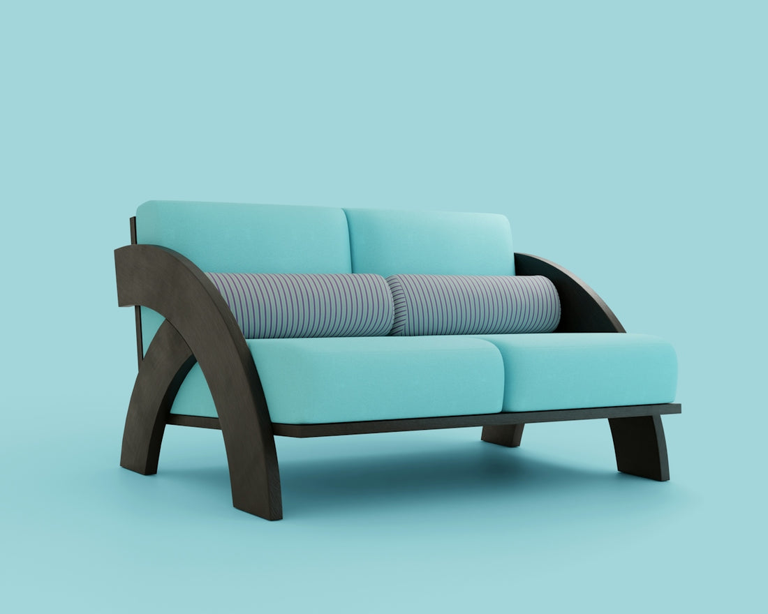 A light blue two-seater sofa with dark wood curved arms and striped cushions