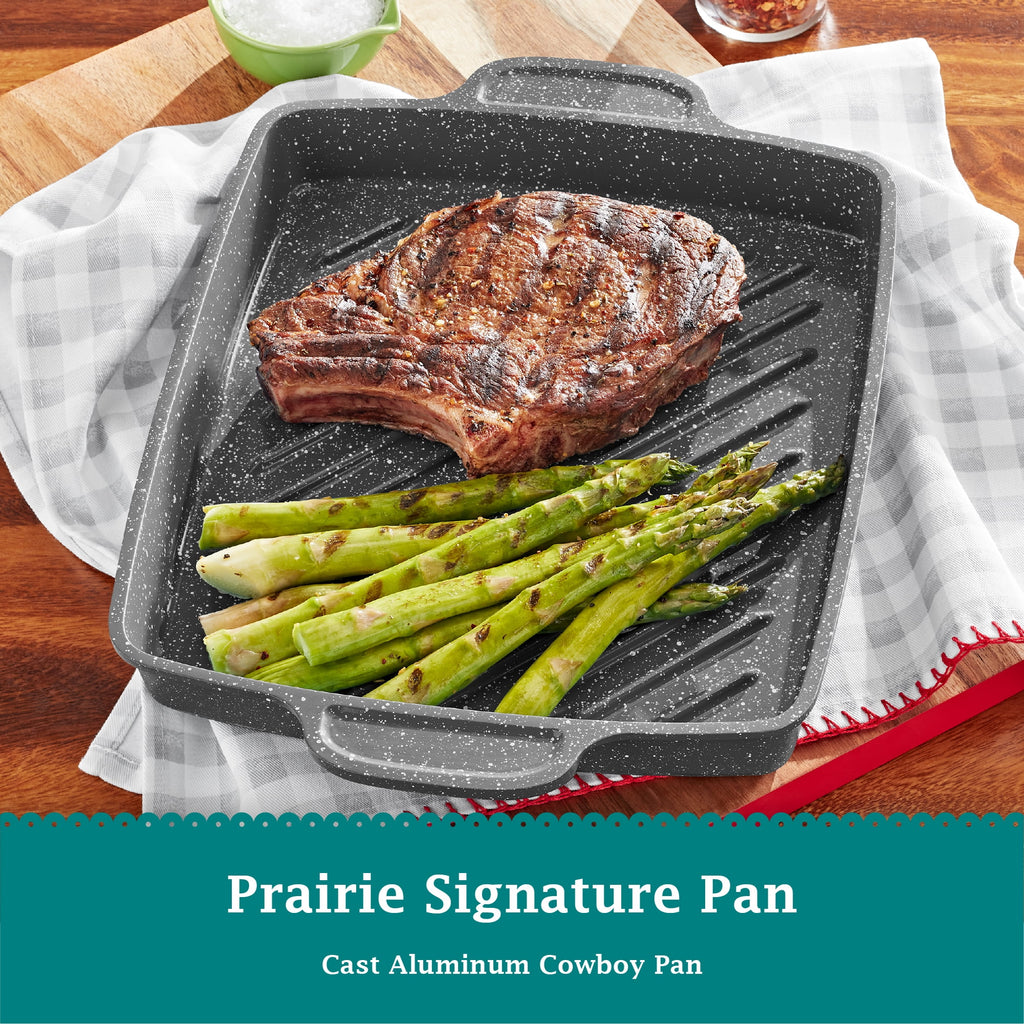 The Pioneer Woman Prairie Signature 10x12 inch Cast Aluminum Nonstick Cowboy Steak Pan with Speckled Design