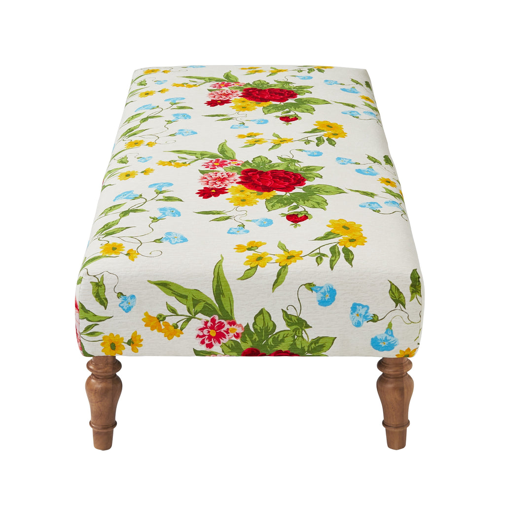 Vintage Floral Fabric Rectangular Ottoman, White | Prairie Lane - View 5