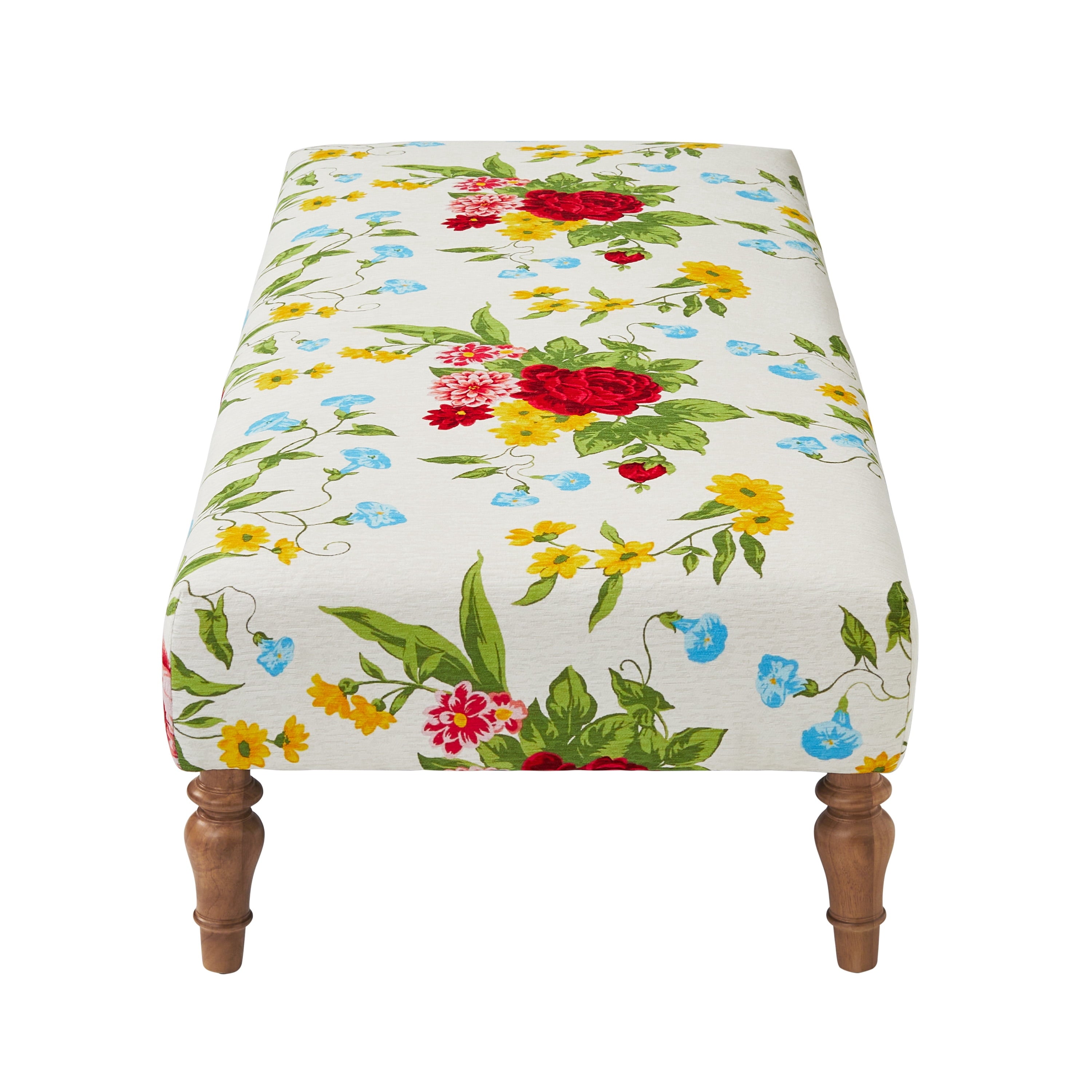 Vintage Floral Fabric Rectangular Ottoman, White | Prairie Lane - View 5