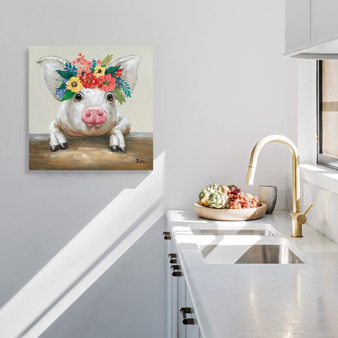CDDposter Pig Canvas Picture Wall Art: Rustic Pig Floral Crown Wall Decor Farm Animal Wall Art Pioneer Woman Kitchen Farmhouse Home Decorations