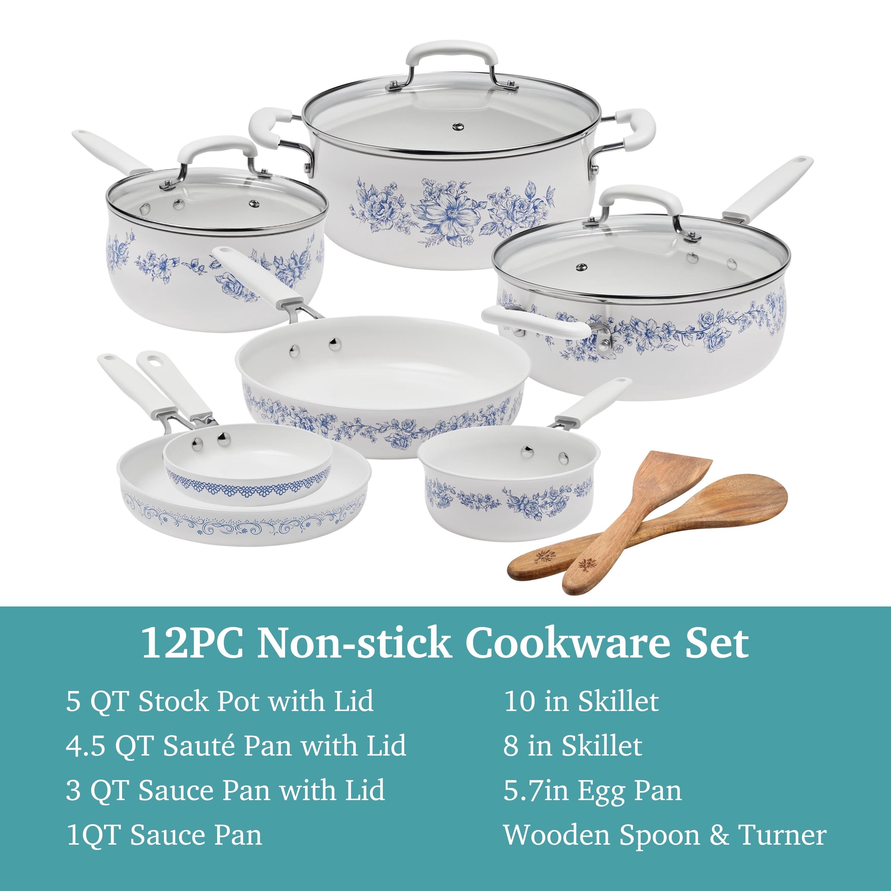 12-Piece Classic Ceramic Cookware Set, Agatha Blue | Prairie Lane - View 3