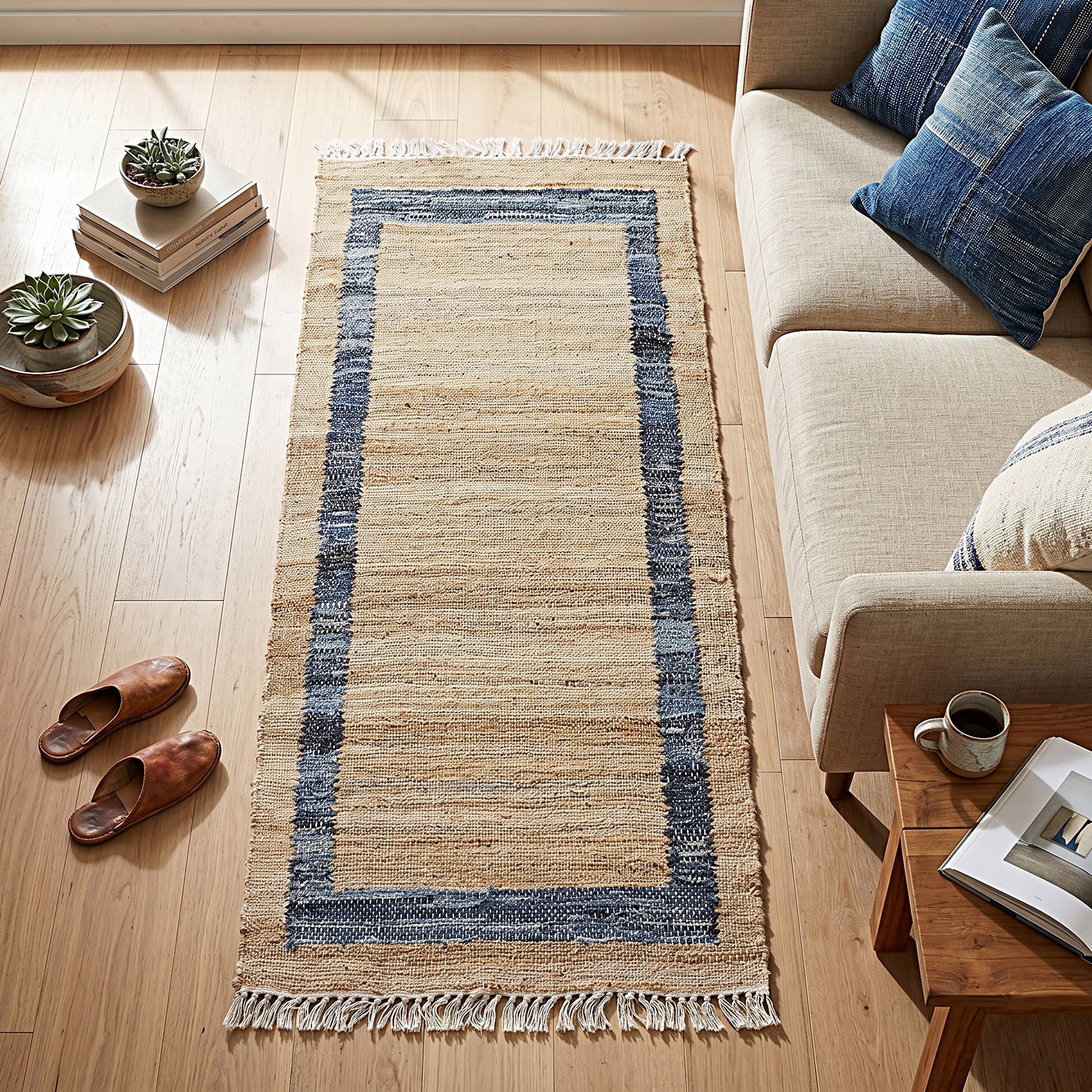 Denim Jute Runner Rug, Natural with Blue Border, 30 x 96 Inches | Prairie Lane - View 2