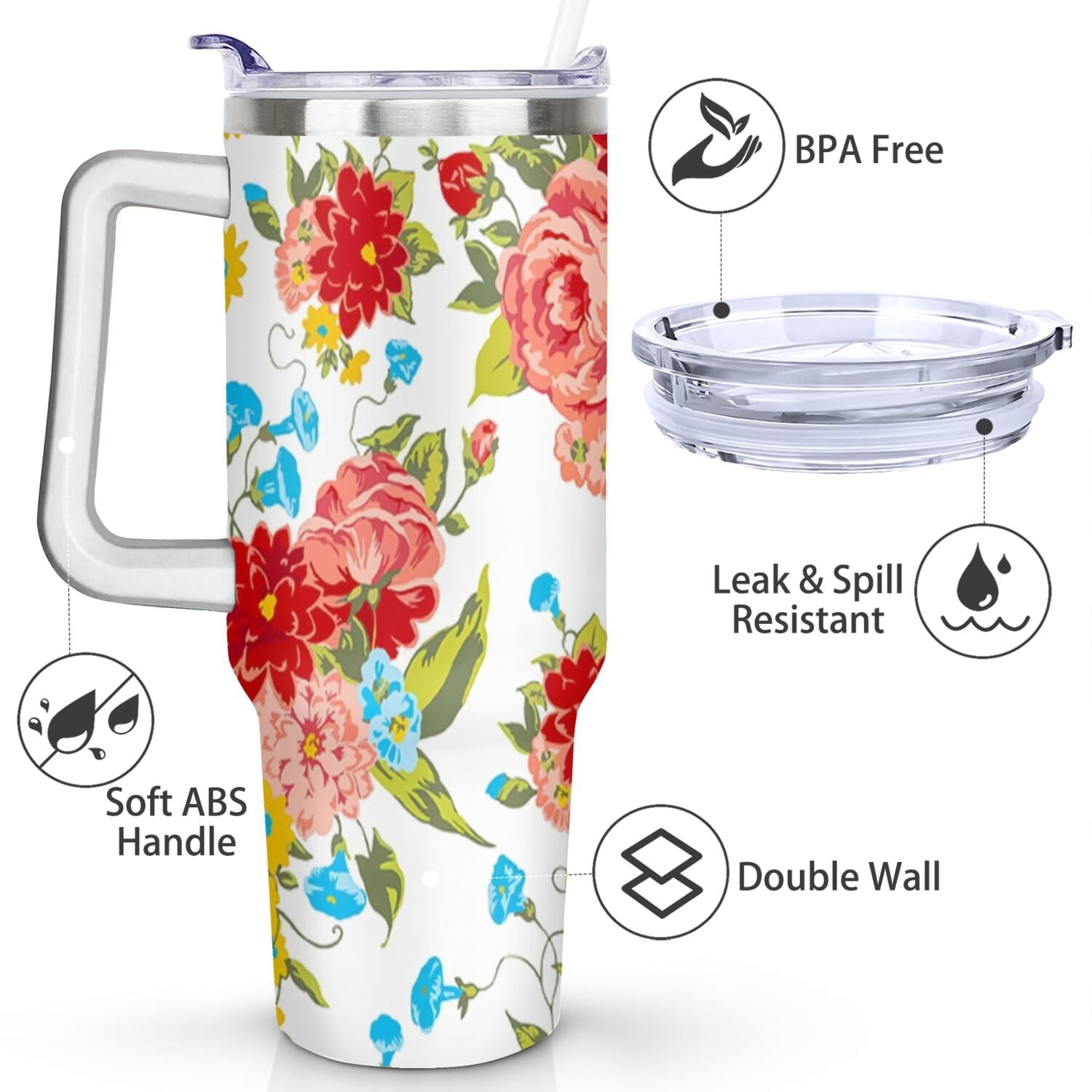 40 Oz Tumbler with Handle Lid and Straw Pioneer Flower Women Stainless Steel | Prairie Lane - View 3