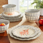 The Pioneer Woman Gingham 12-Piece Ceramic Dinnerware Set, Gray