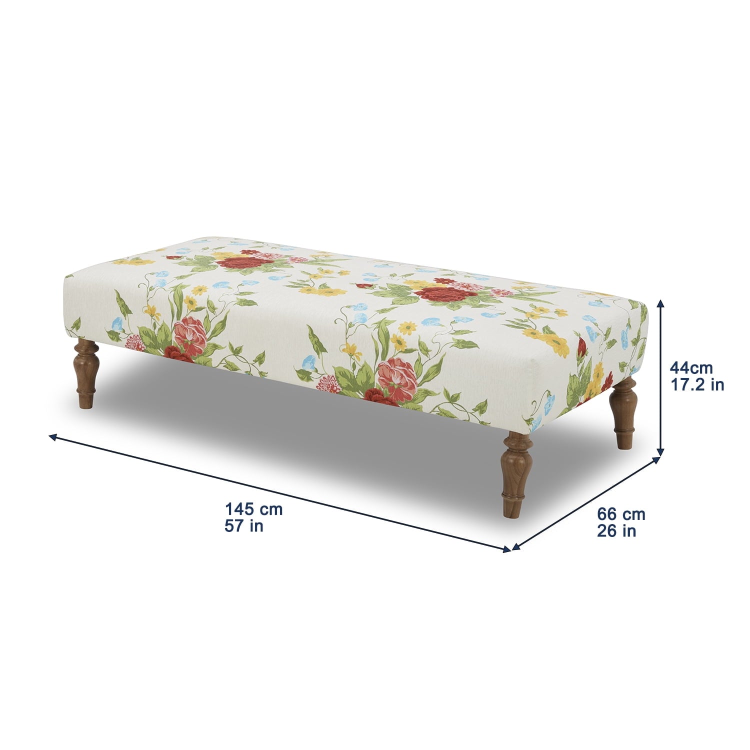 Vintage Floral Fabric Rectangular Ottoman, White | Prairie Lane - View 3