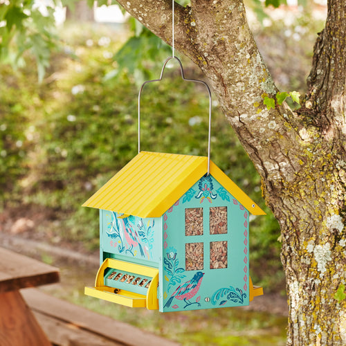 Bird Ogee Metal Squirrel Proof Hopper Bird Feeder 5.5QT , Teal Yellow | Prairie Lane - View 2