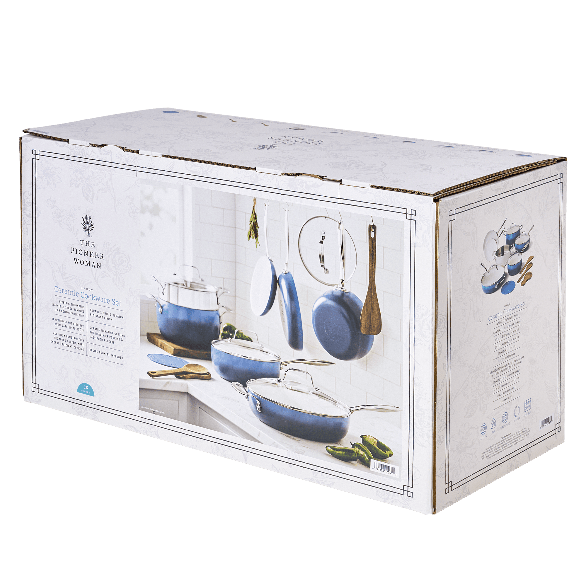 The Pioneer Woman Harlow 15-Piece Cookware Set, Ceramic Non-Stick Pots and Pans Set,  Denim Blue
