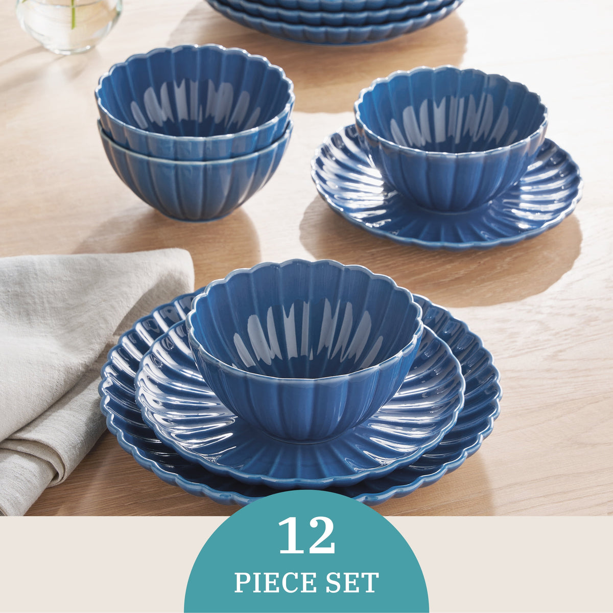 The Pioneer Woman Colette 12-Piece Stoneware Dinnerware Set, Blue