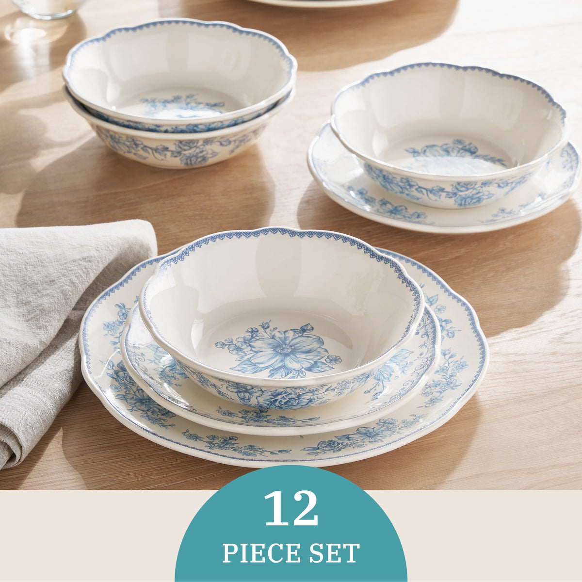The Pioneer Woman Agatha 12-Piece Stoneware Dinnerware Set, Blue