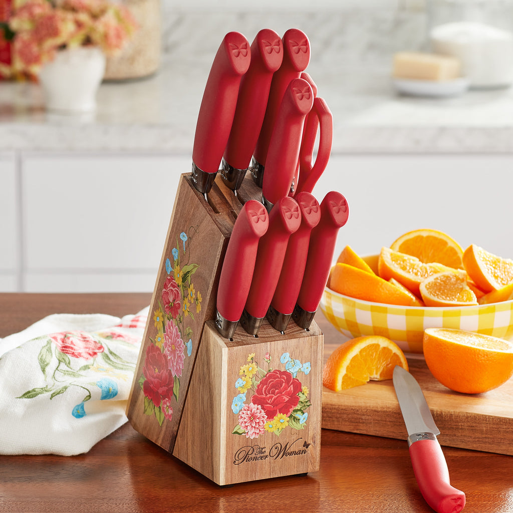 The Pioneer Woman Sweet Rose 11-Piece Stainless Steel Knife Block Set, Red