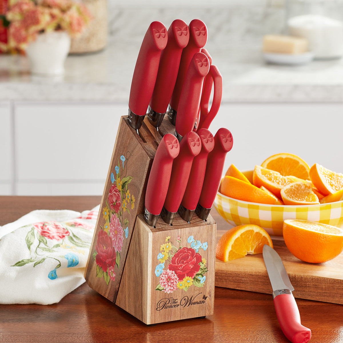 The Pioneer Woman Sweet Rose 11-Piece Stainless Steel Knife Block Set, Red