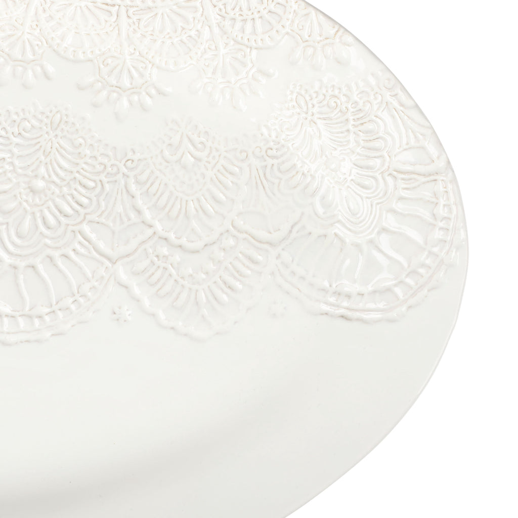 Vintage Lace 20-inch Stoneware Oval Serving Tray Platter, White | Prairie Lane - View 5