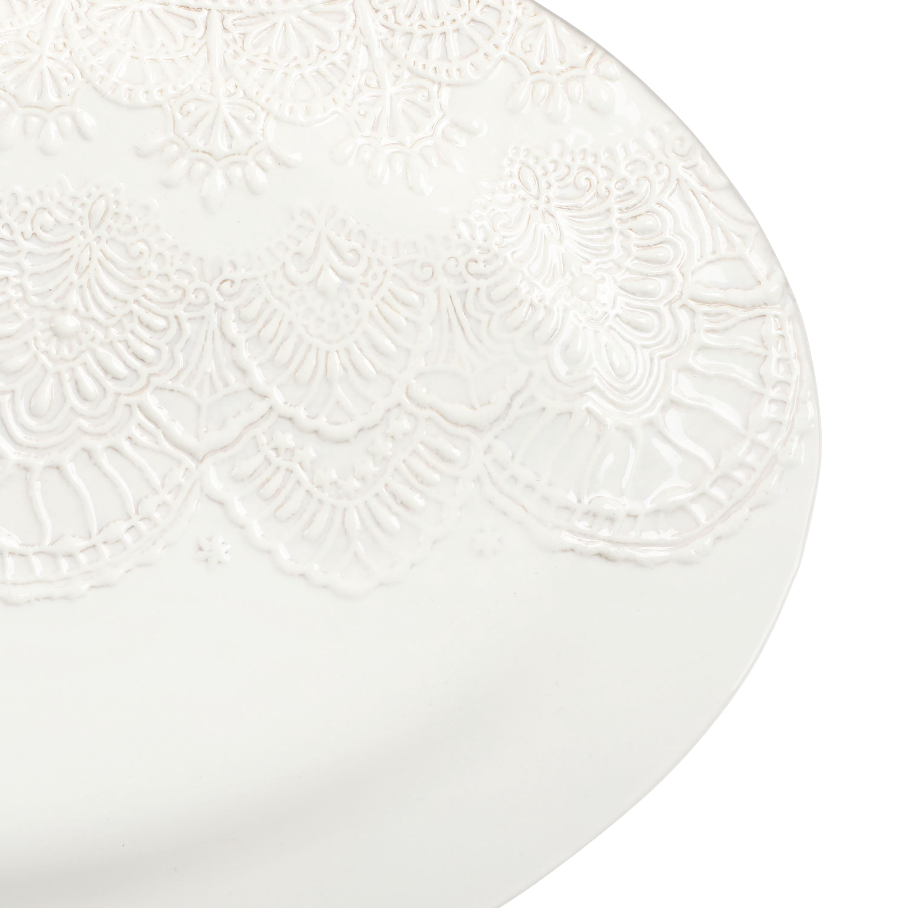 Vintage Lace 20-inch Stoneware Oval Serving Tray Platter, White | Prairie Lane - View 5