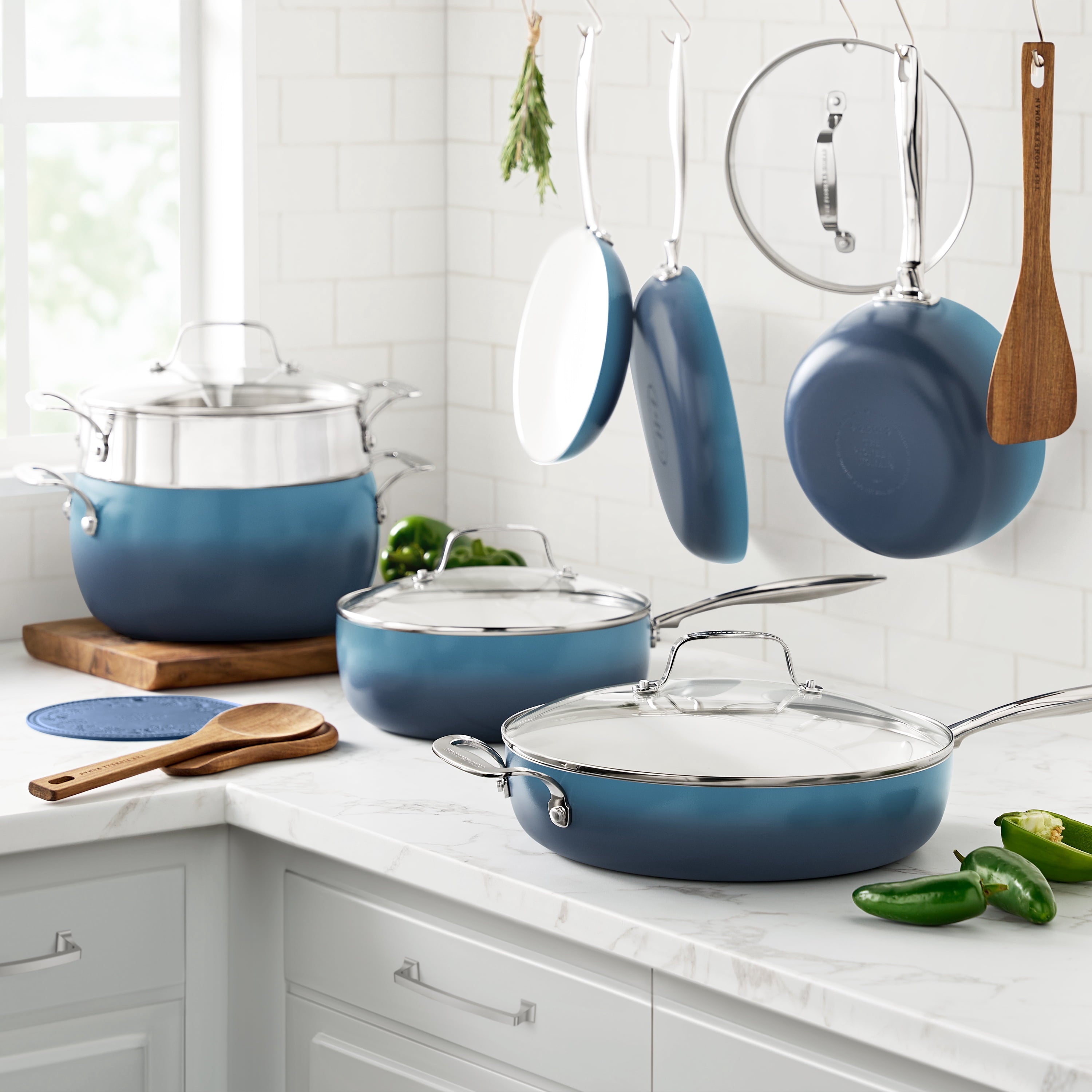 The Pioneer Woman Harlow 15-Piece Cookware Set, Ceramic Non-Stick Pots and Pans Set,  Denim Blue