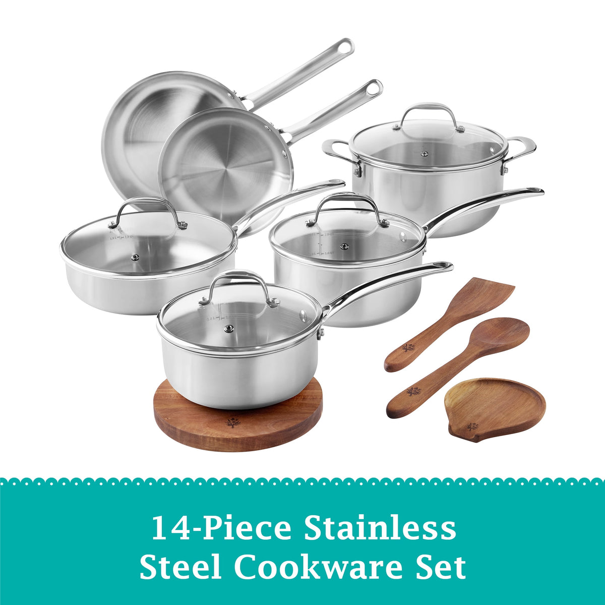 The Pioneer Woman 14-Piece Stainless Steel Cookware Set, Cooking Pots and Pans Set with Kitchen Utensils