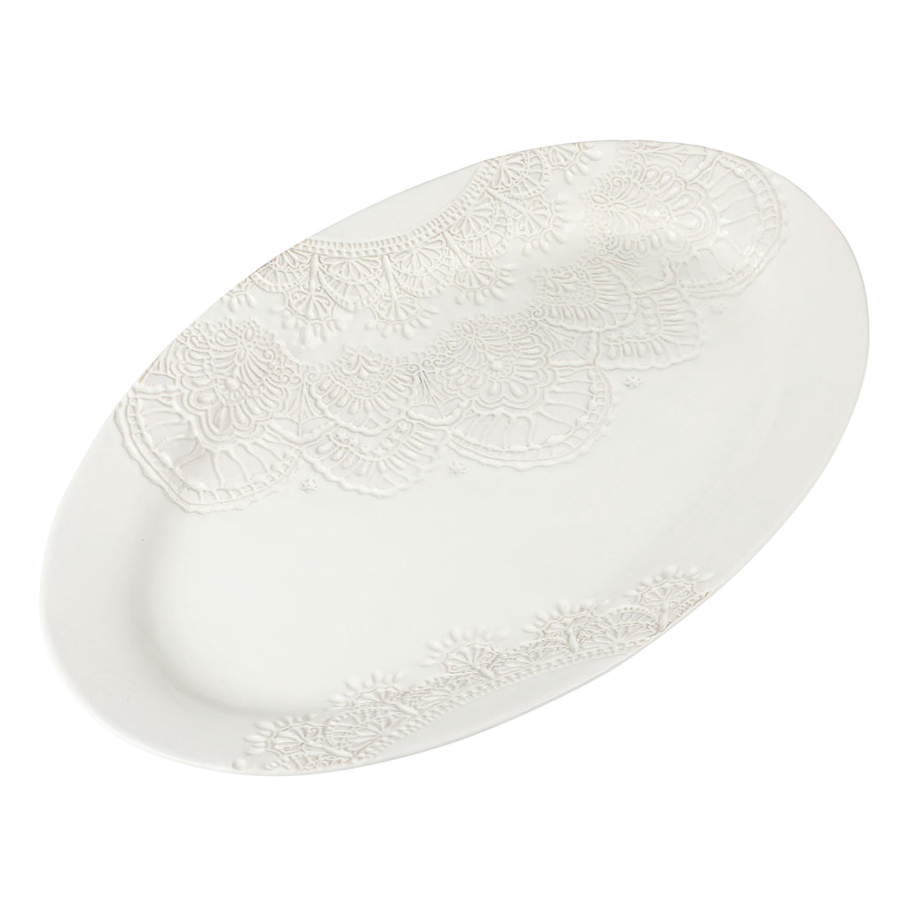 Vintage Lace 20-inch Stoneware Oval Serving Tray Platter, White | Prairie Lane - View 2