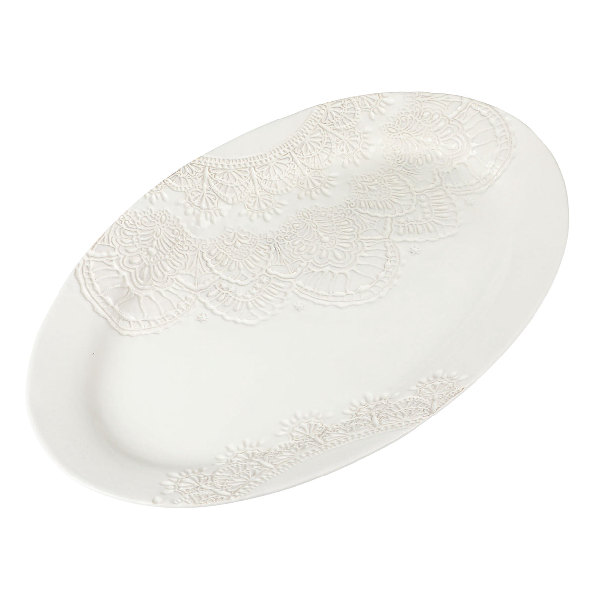 Vintage Lace 20-inch Stoneware Oval Serving Tray Platter, White | Prairie Lane - View 2