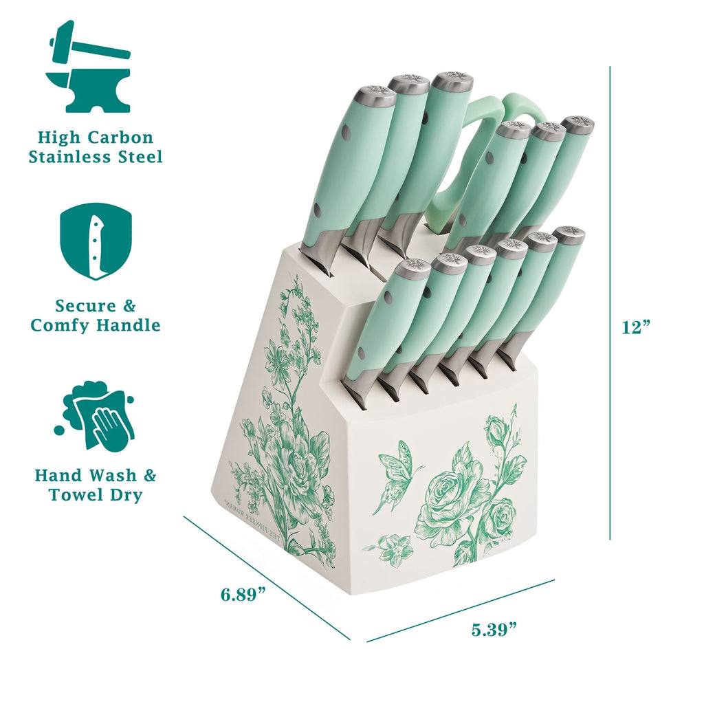 The Pioneer Woman  14 Pieces Knife Set with Decal Block Stainless Steel Knives, Forged, Green Agatha