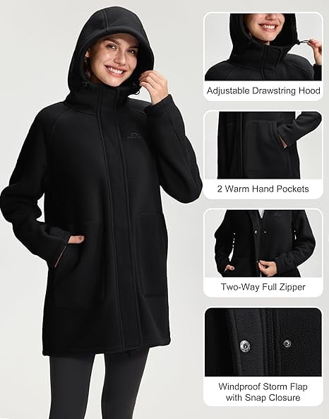 Women's Long Fleece Jacket Thermal Sherpa Lined Full Zip Up Hoodies with | Prairie Lane - View 3