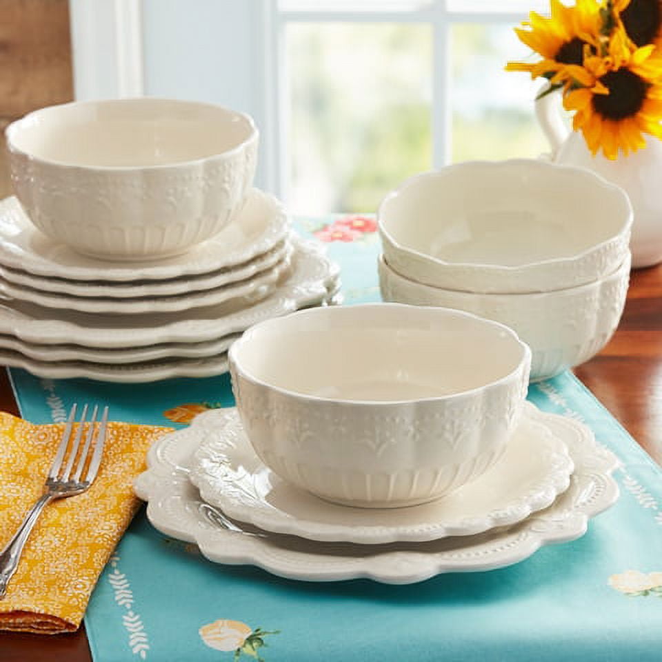 The Pioneer Woman Toni 12-Piece Plates & Bowls Dinnerware Set, Linen