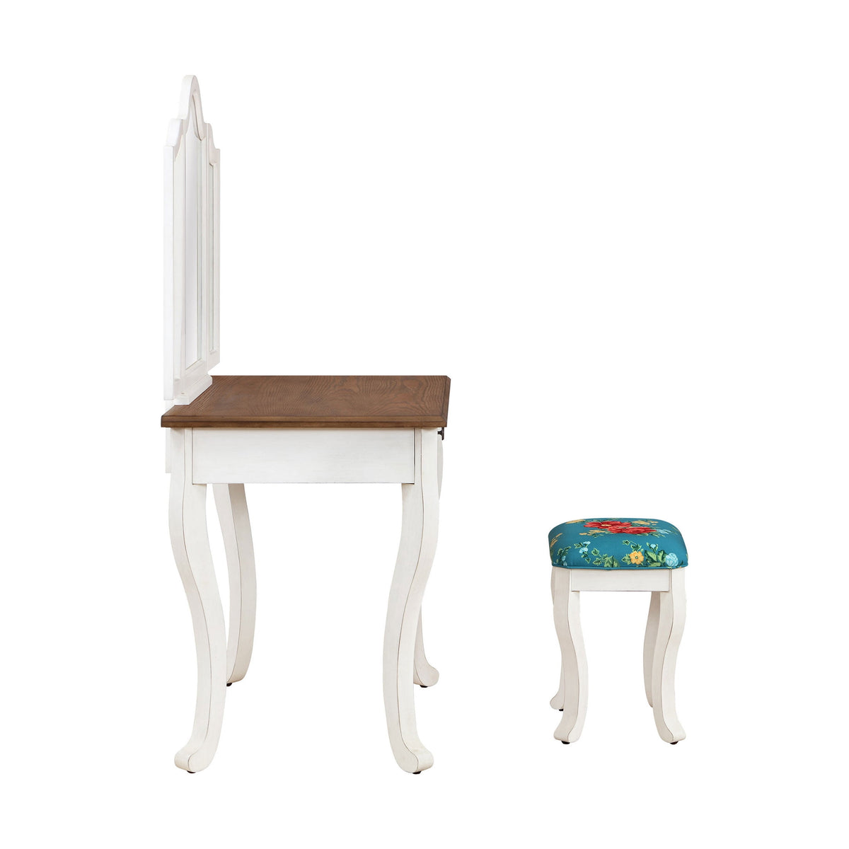 Vanity Set and Stool with Tri-Fold Mirror and Made With Solid Wood Frame, White | Prairie Lane - View 10