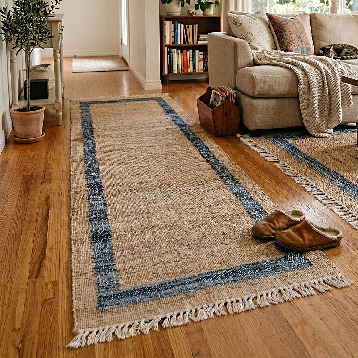 Denim Jute Runner Rug, Natural with Blue Border, 30 x 96 Inches | Prairie Lane - View 3