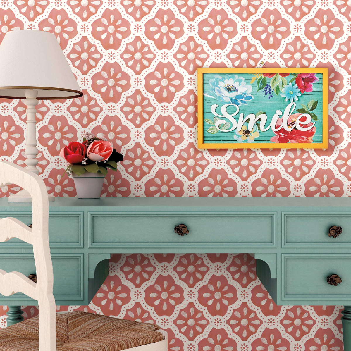 Pink Salmon Washy Trellis Peel and Stick Wallpaper, 18" x 18.86' | Prairie Lane - View 4