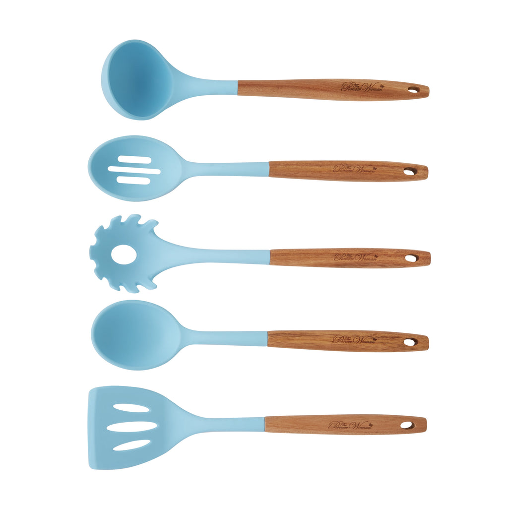 The Pioneer Woman 10-Piece Silicone and Acacia Wood Handle Cooking Utensils Set, Blue