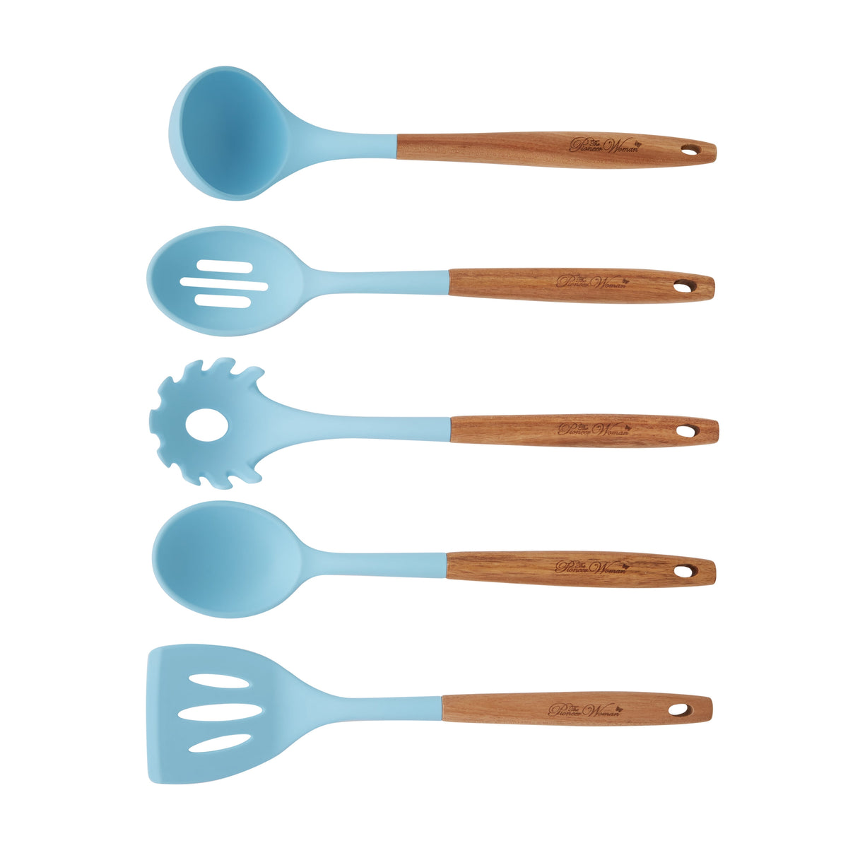 The Pioneer Woman 10-Piece Silicone and Acacia Wood Handle Cooking Utensils Set, Blue