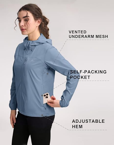 Women‘s UPF 50+ Windbreaker Jacket, Lightweight Packable Sun Protection Hoodie | Prairie Lane - View 4