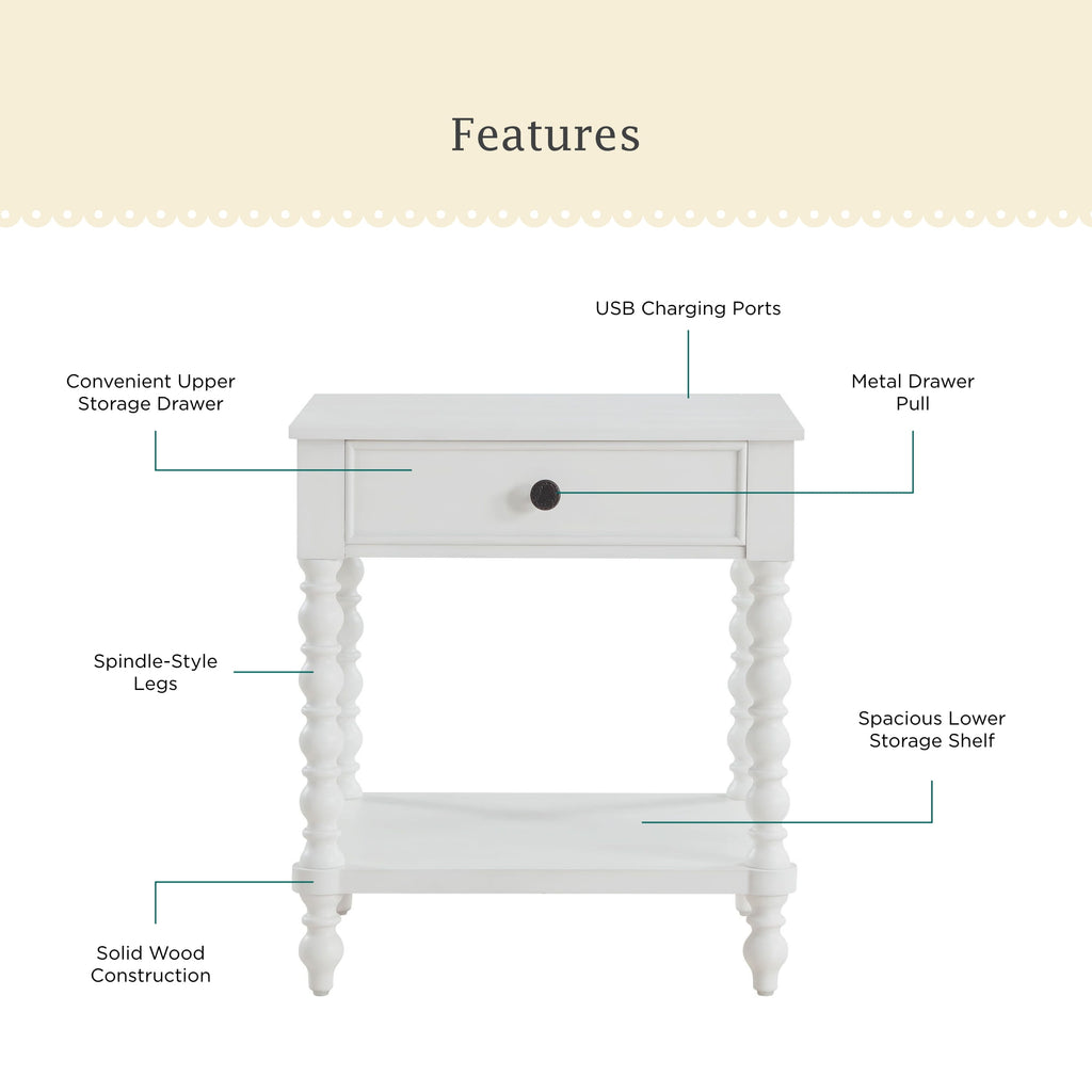 The Pioneer Woman Harper Spindle Nightstand with USB Charging Ports, Adults and Teens, White Finish