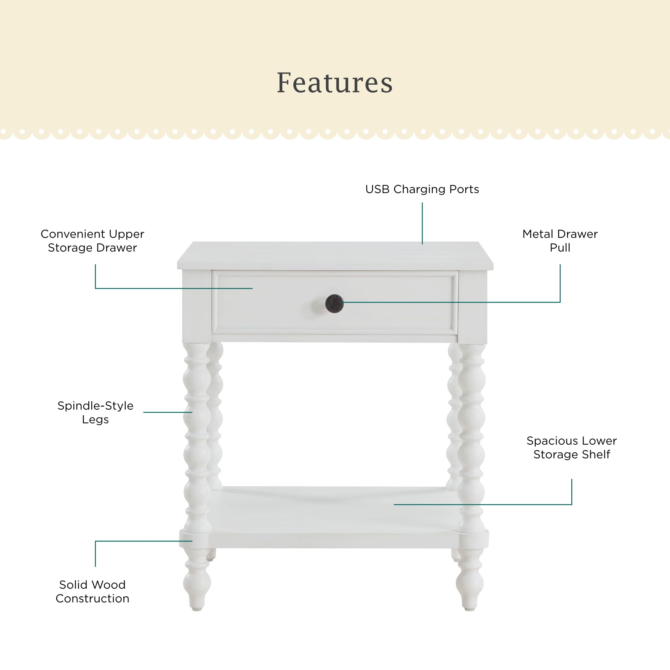 The Pioneer Woman Harper Spindle Nightstand with USB Charging Ports, Adults and Teens, White Finish
