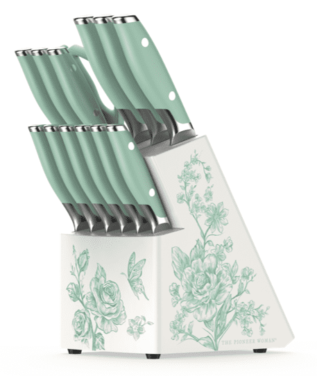 The Pioneer Woman  14 Pieces Knife Set with Decal Block Stainless Steel Knives, Forged, Green Agatha