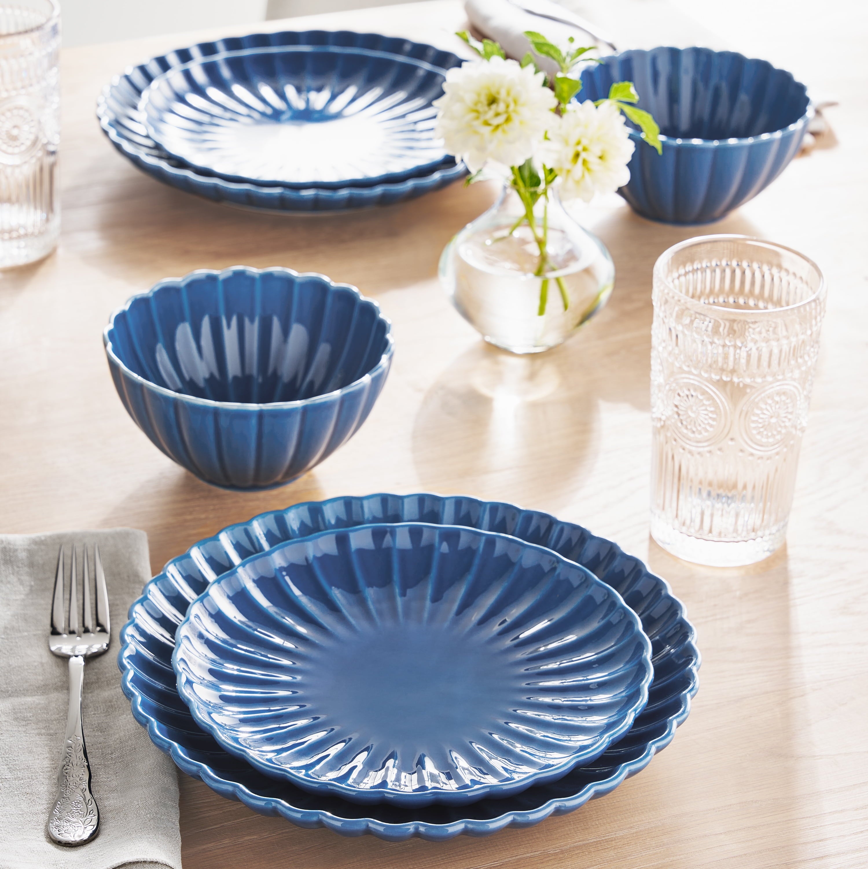 The Pioneer Woman Colette 12-Piece Stoneware Dinnerware Set, Blue