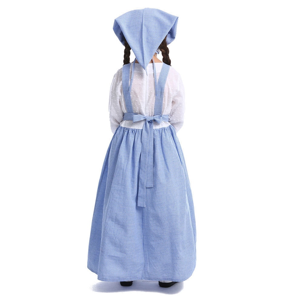 Girls Pioneer Costume Long Sleeve Dress with Apron colonial bonnet for 3-12Y