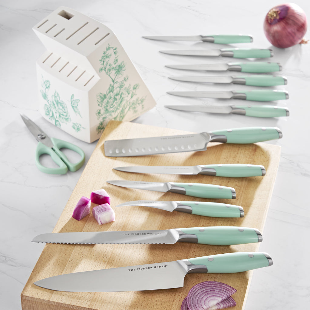 The Pioneer Woman  14 Pieces Knife Set with Decal Block Stainless Steel Knives, Forged, Green Agatha