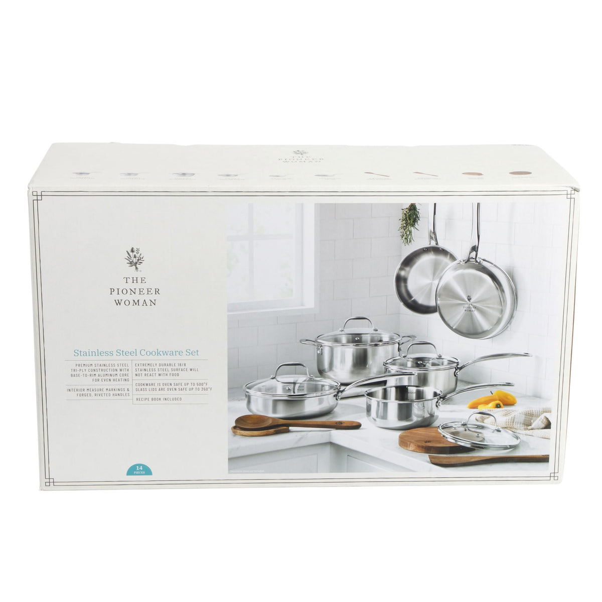 The Pioneer Woman 14-Piece Stainless Steel Cookware Set, Cooking Pots and Pans Set with Kitchen Utensils