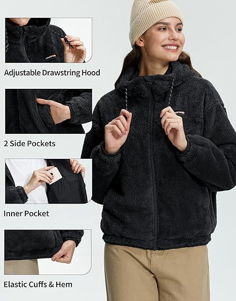 Women's Fuzzy Fleece Jacket Lightweight Full Zip Up Sherpa Jacket with Hood | Prairie Lane - View 4