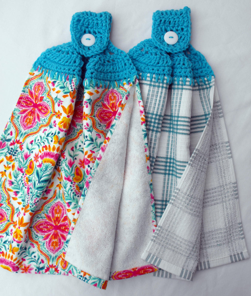 PIONEER FOLK GEO - 2 DOUBLE/FULL HANDMADE CROCHET TOP HANGING KITCHEN TOWEL | Prairie Lane - View 2