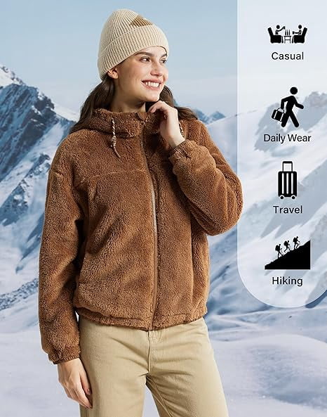 Women's Fuzzy Fleece Jacket Lightweight Full Zip Up Sherpa Jacket with Hood | Prairie Lane - View 6
