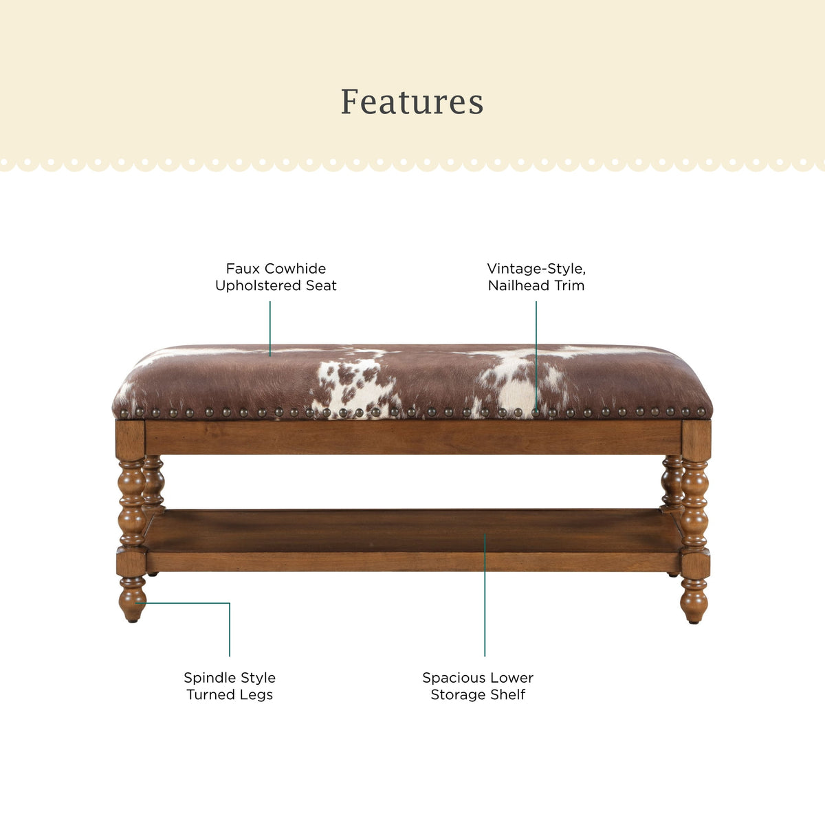 Harper Bench, Faux Cowhide Fabric | Prairie Lane - View 9