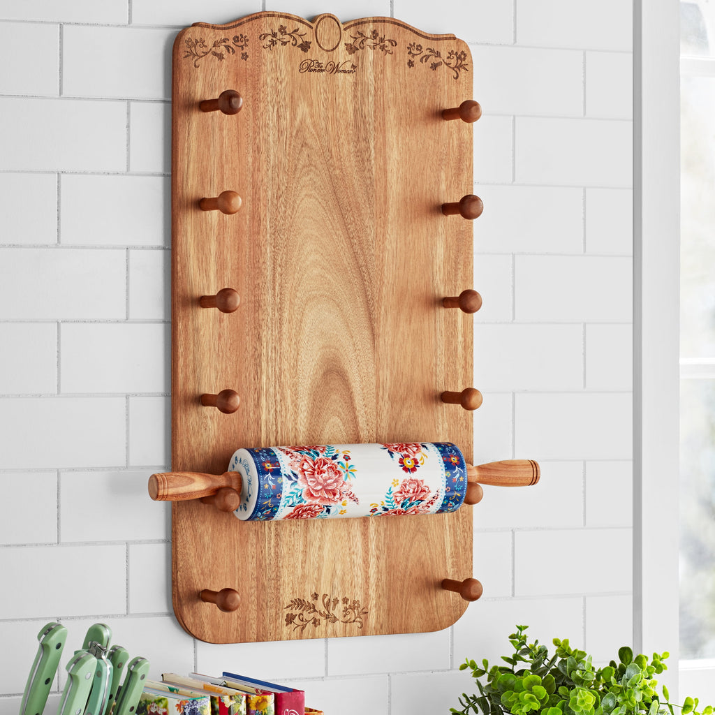 Keepsake Floral 17.7" Ceramic Rolling Pin with Acacia Wood Holder | Prairie Lane - View 2