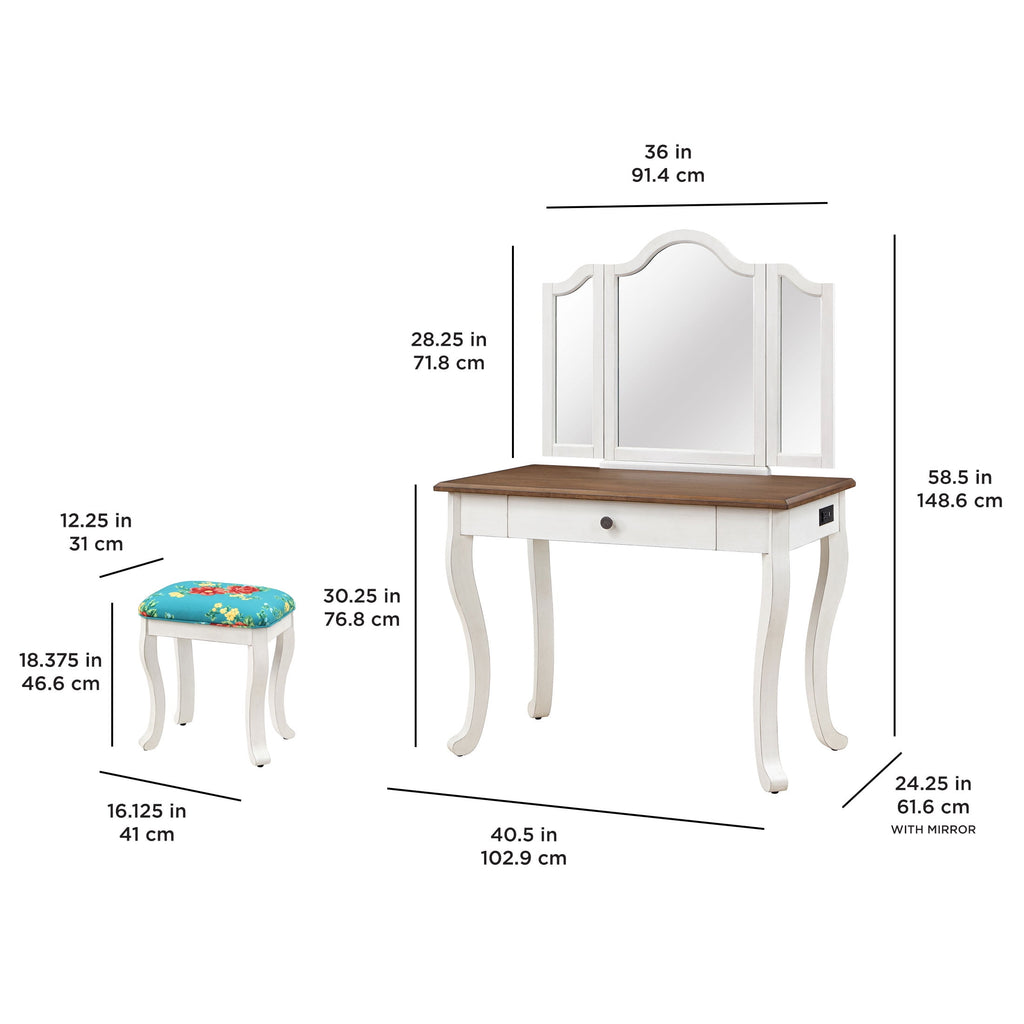 Vanity Set and Stool with Tri-Fold Mirror and Made With Solid Wood Frame, White | Prairie Lane - View 3