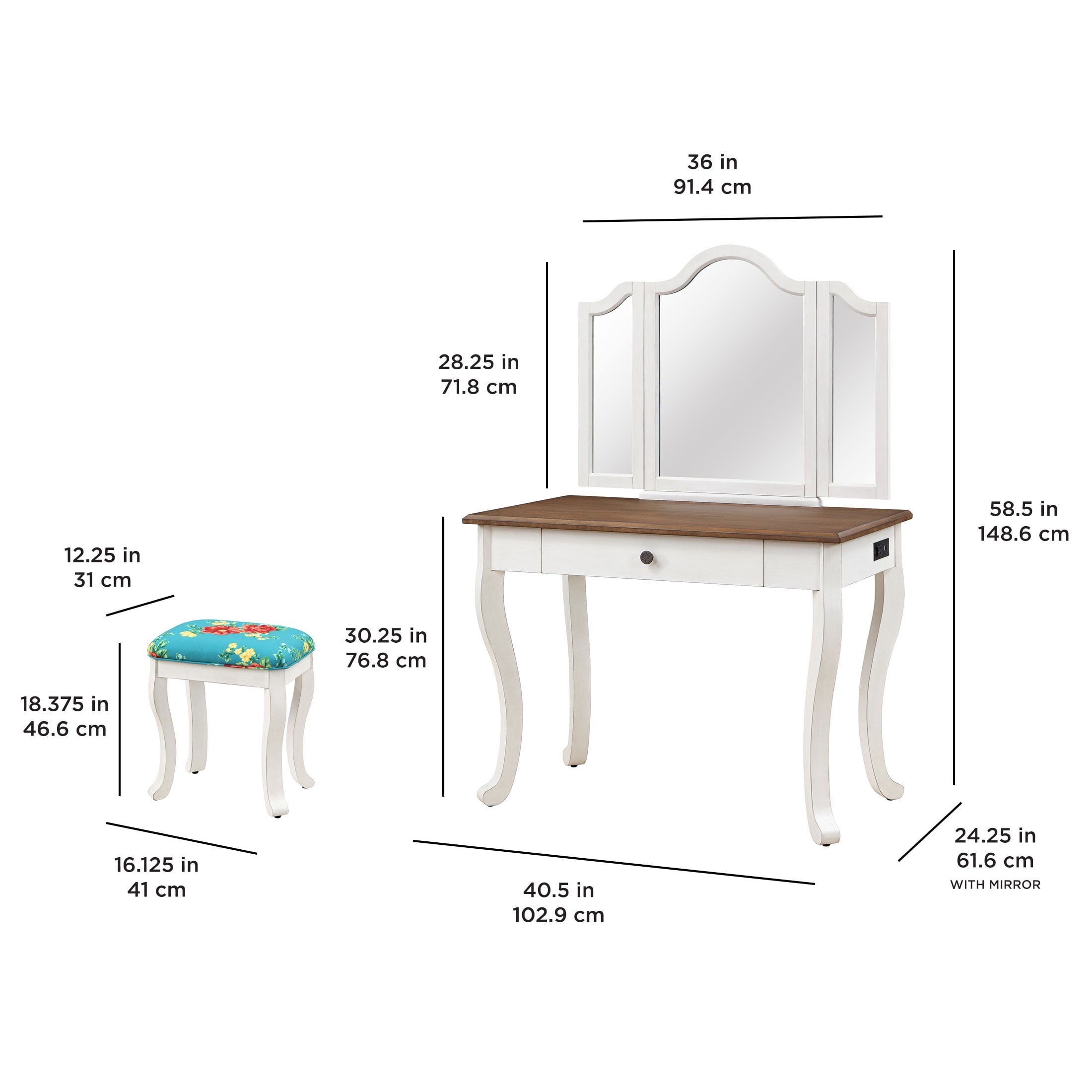 Vanity Set and Stool with Tri-Fold Mirror and Made With Solid Wood Frame, White | Prairie Lane - View 3