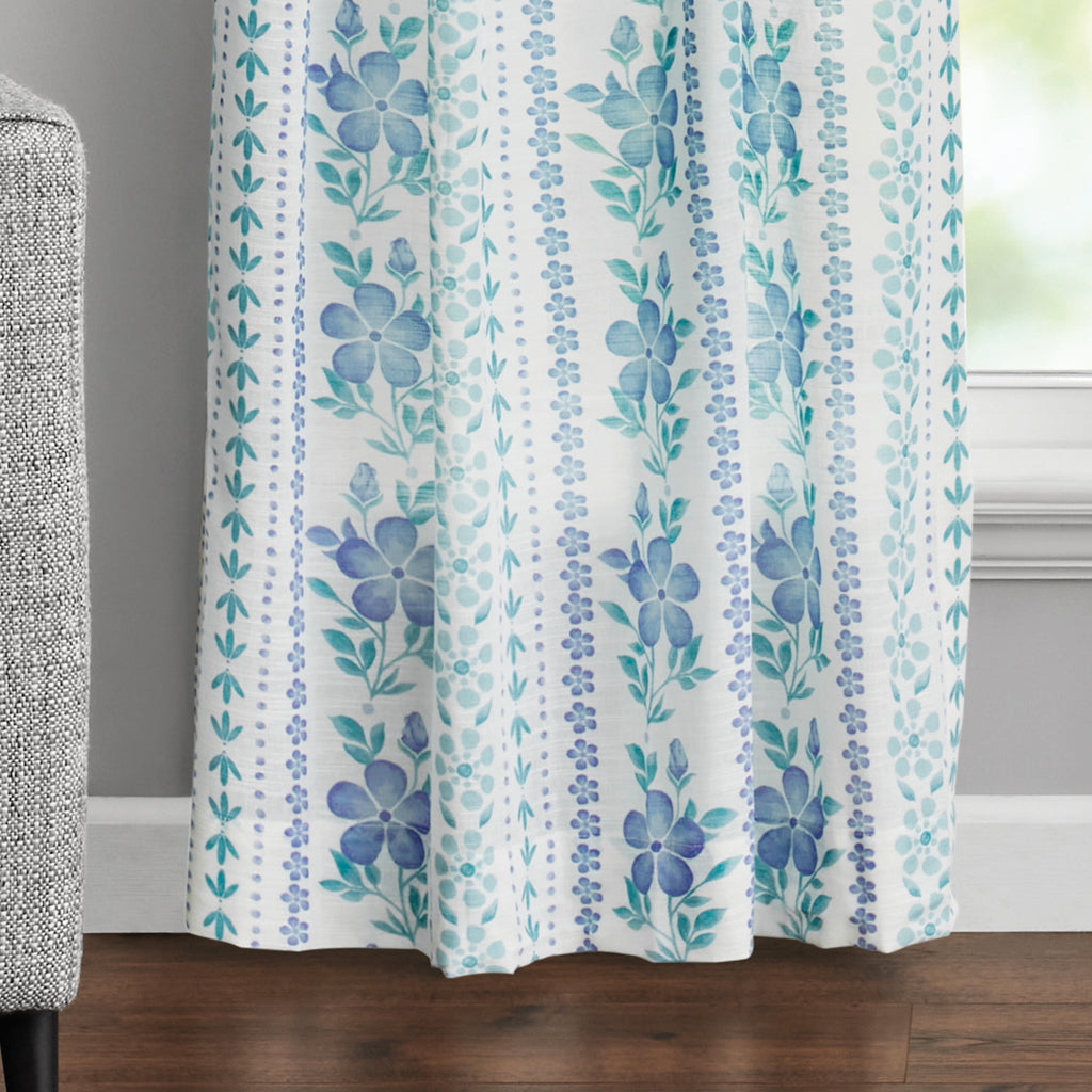 The Pioneer Woman Hattie Stripe 2 Pack Curtain Panel, BCI Cotton, Floral, Blue, RodPocket, 40" W x 84" L