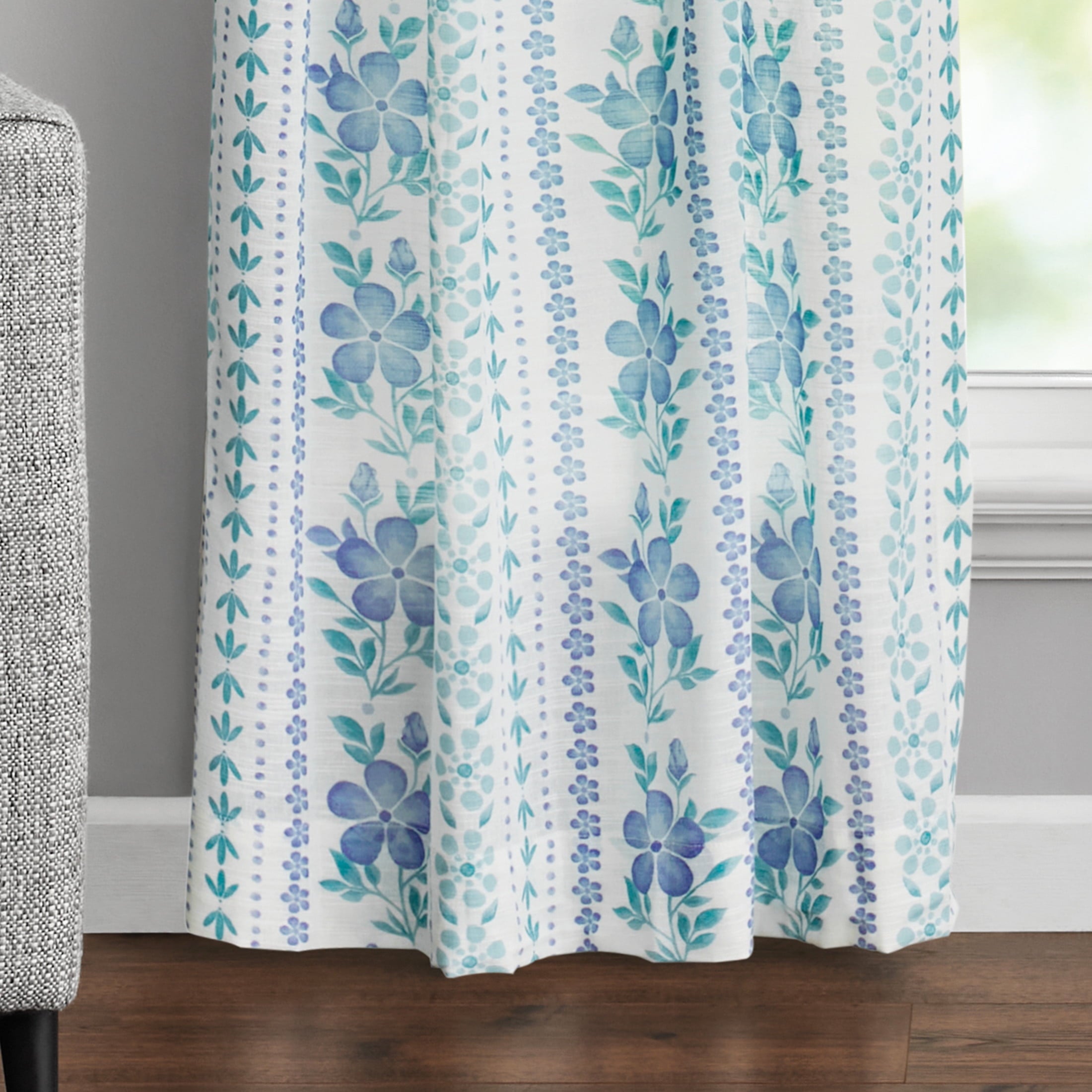 The Pioneer Woman Hattie Stripe 2 Pack Curtain Panel, BCI Cotton, Floral, Blue, RodPocket, 40" W x 84" L