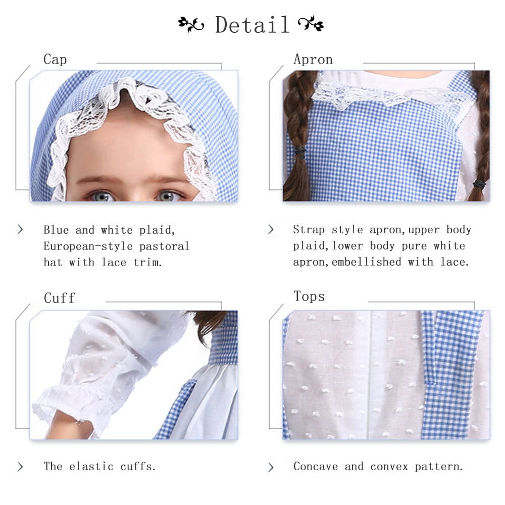 Girls Pioneer Costume Long Sleeve Dress with Apron colonial bonnet for 3-12Y