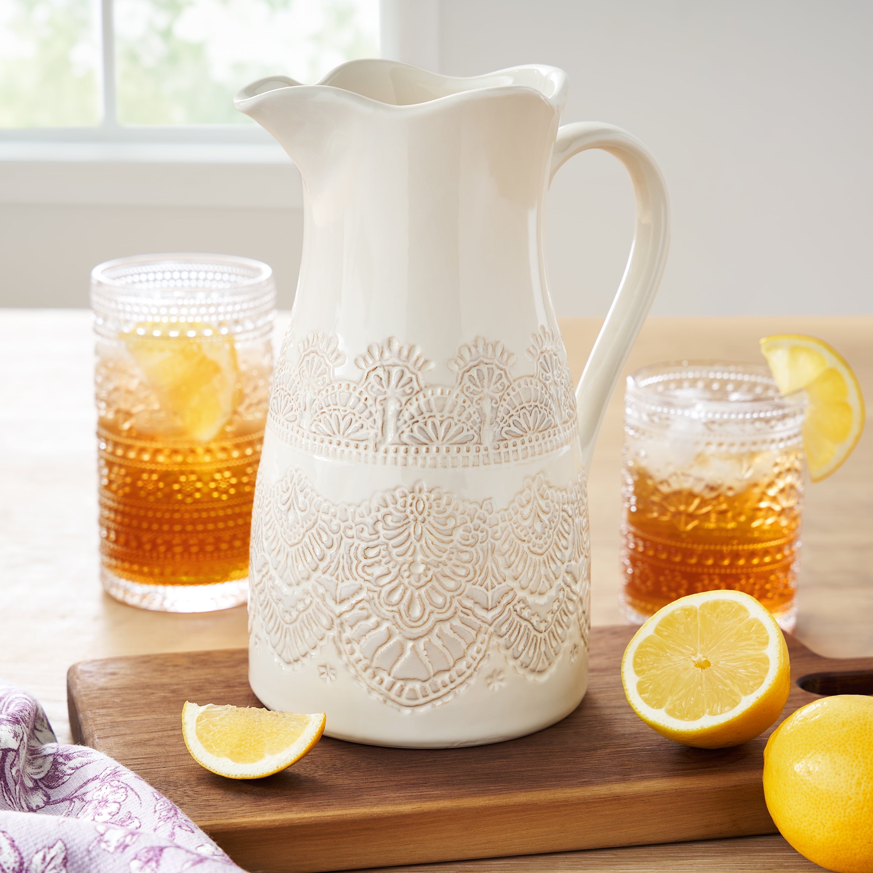 Vintage Lace Linen 9-inch Ceramic Pitcher | Prairie Lane - View 2